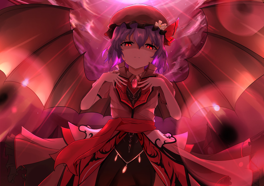 1girl absurdres alternate_costume bat_wings brooch closed_mouth clothing_request commentary_request dleung expressionless hands_on_own_chest hat hat_ribbon highres jewelry koumajou_densetsu lens_flare looking_at_viewer mob_cap moon red_brooch red_eyes red_moon remilia_scarlet ribbon short_hair short_sleeves slit_pupils solo touhou wings