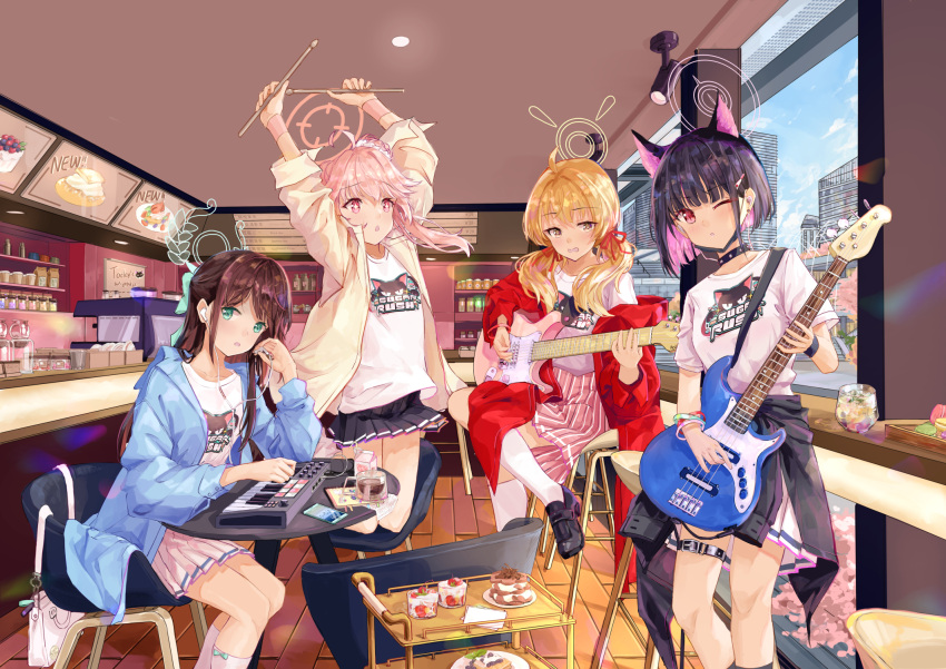 4girls after-school_sweets_club_(blue_archive) ahoge airi_(band)_(blue_archive) airi_(blue_archive) animal_ears black_choker black_footwear black_hair black_jacket black_mask blonde_hair blue_archive blue_jacket cat_ears choker clothes_around_waist colored_inner_hair electric_guitar extra_ears forest_0 green_eyes green_halo guitar hair_ornament hairclip halo highres holding holding_instrument instrument jacket jacket_around_waist kazusa_(band)_(blue_archive) kazusa_(blue_archive) keyboard_(instrument) long_hair long_sleeves low_twintails mask mask_pull mouth_mask multicolored_hair multiple_girls music natsu_(band)_(blue_archive) natsu_(blue_archive) official_alternate_costume one_eye_closed open_clothes open_jacket pink_hair pink_halo pink_skirt playing_instrument pleated_skirt red_eyes red_jacket shirt shoes short_hair short_sleeves skirt socks twintails white_shirt white_skirt white_socks yellow_eyes yellow_halo yellow_jacket yoshimi_(band)_(blue_archive) yoshimi_(blue_archive)