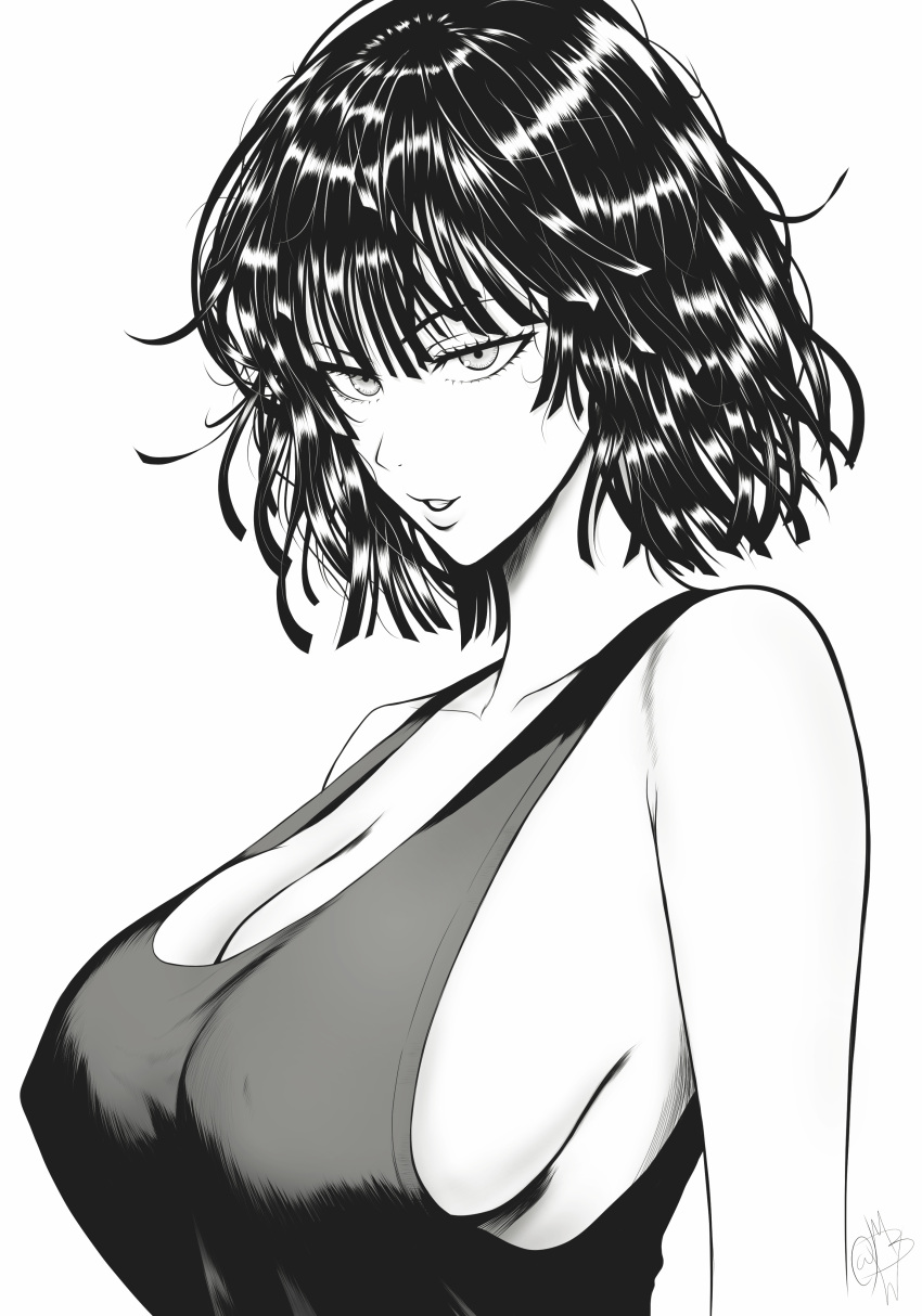 1girl absurdres bare_shoulders black_tank_top breasts collarbone fubuki_(one-punch_man) highres large_breasts looking_to_the_side monochrome mostlybluewyatt no_bra one-punch_man open_mouth shirt short_hair sideboob simple_background sleeveless sleeveless_shirt solo tank_top upper_body white_background