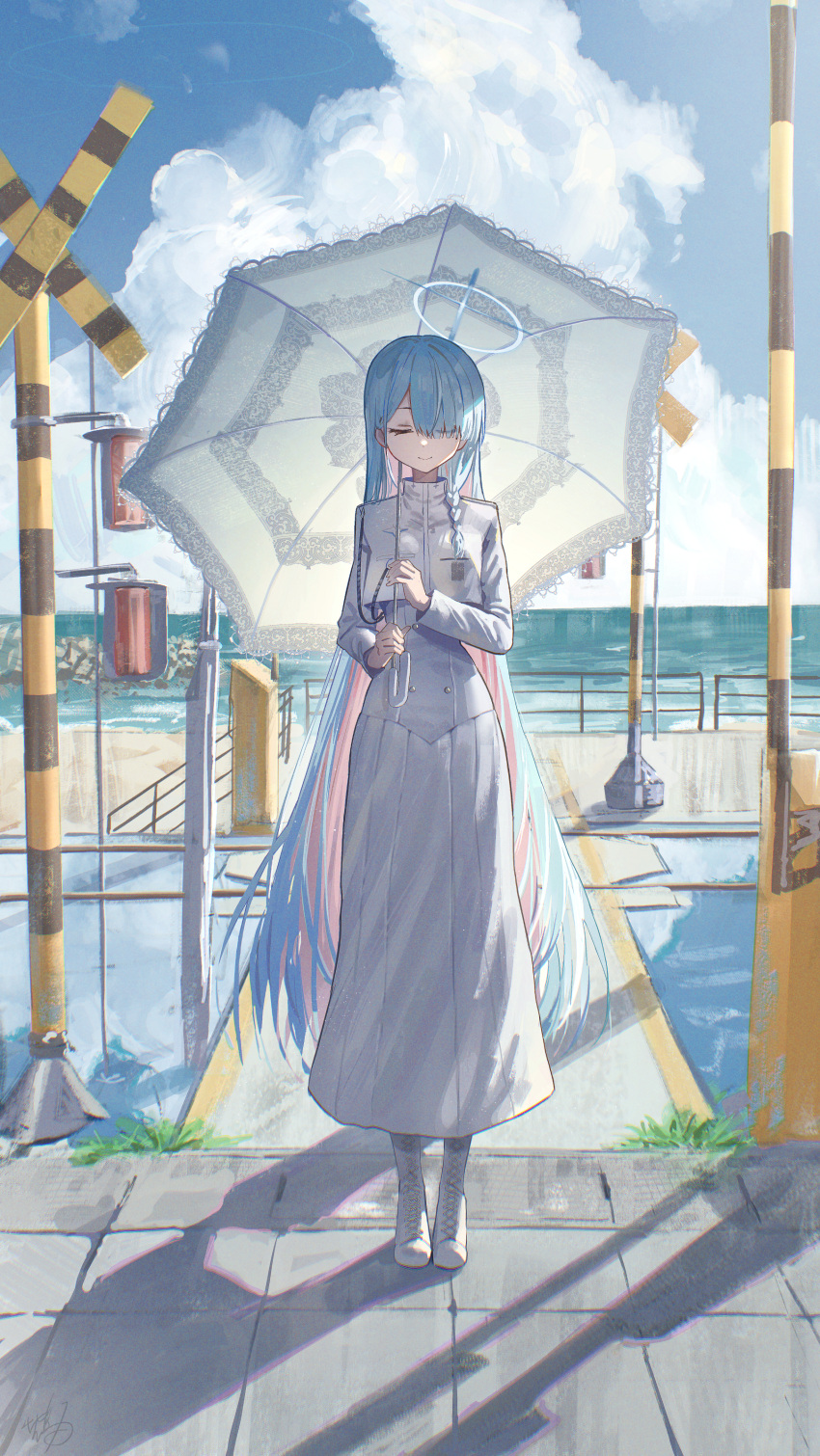 1girl absurdres aiguillette blue_archive blue_hair blue_halo blue_sky boom_barrier boots closed_eyes clouds colored_inner_hair commentary cross-laced_footwear day facing_viewer full_body general_student_council_president_(blue_archive) hair_over_one_eye halo hidulume highres holding holding_umbrella lace-trimmed_umbrella light_blue_hair long_hair long_skirt multicolored_hair outdoors pink_hair shadow skirt sky smile solo standing straight-on two-tone_hair umbrella very_long_hair white_footwear white_umbrella