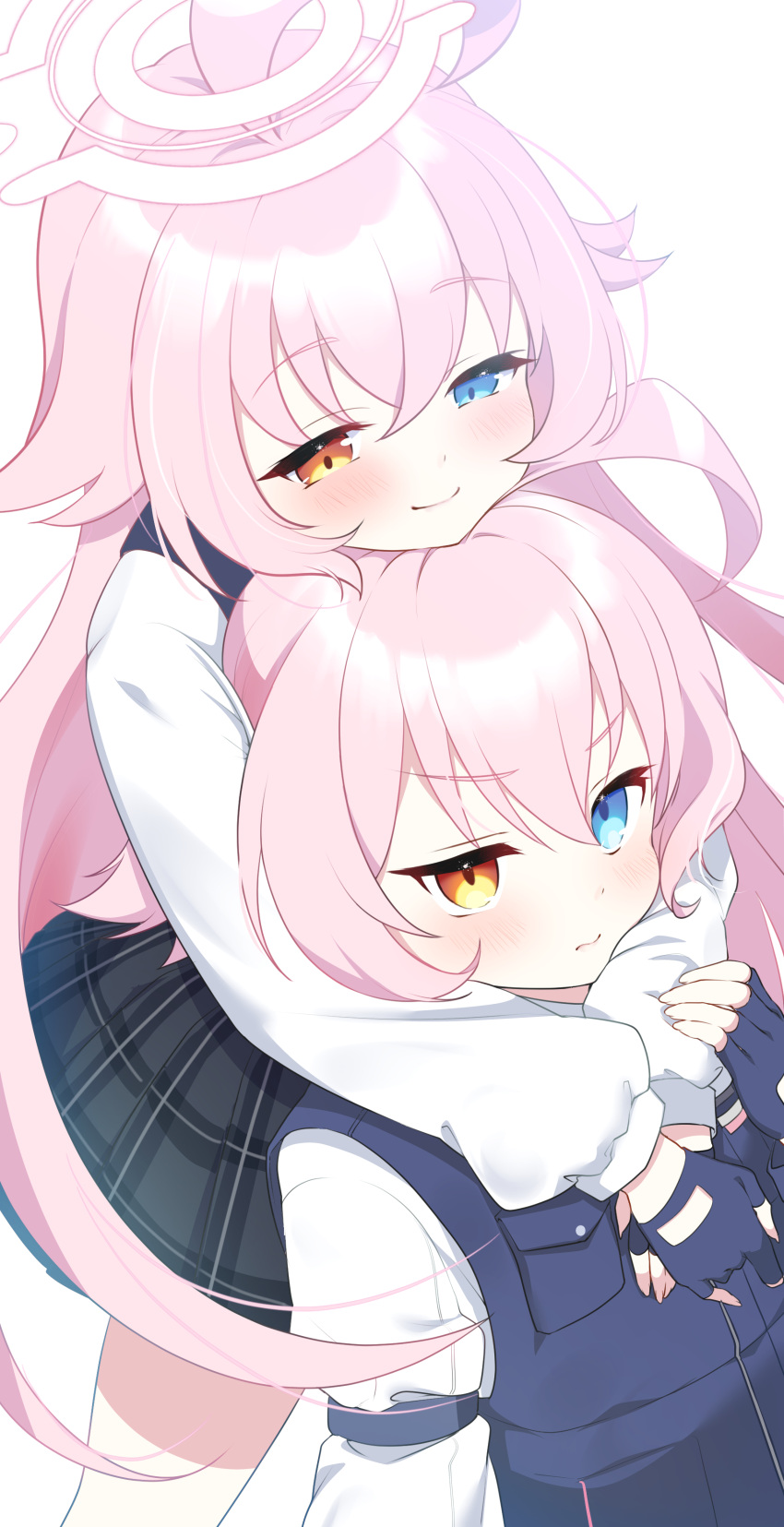 2girls absurdres ahoge blue_archive blue_eyes blue_gloves blush closed_mouth commentary_request fingerless_gloves gloves halo heterochromia highres hoshino_(blue_archive) hoshino_(young)_(blue_archive) hug hug_from_behind long_hair long_sleeves looking_at_another multiple_girls pink_hair pink_halo plaid_clothes plaid_skirt pleated_skirt school_uniform shirt simple_background skirt smile standing tuyumori_kaoru_(alilybell1241) white_background white_shirt yellow_eyes