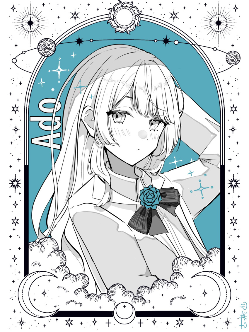 1girl ado_(utaite) arm_up black_bow black_bowtie blue_flower blue_rose blush bow bowtie card_(medium) chando_(ado) character_name closed_mouth cloud_nine_inc collared_shirt commentary cotha_do dress_shirt flower flower_brooch greyscale highres long_hair looking_at_viewer monochrome rose shirt sidelocks solo sparkle spot_color symbol-only_commentary upper_body utaite