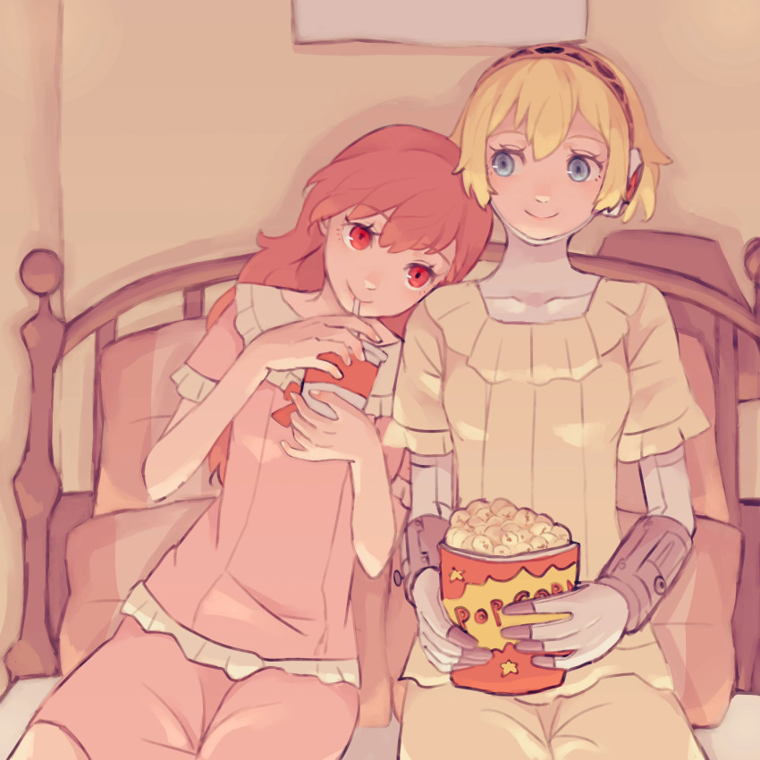 2girls aegis_(persona) android blonde_hair blue_eyes closed_mouth commentary couple cup disposable_cup drink drinking drinking_straw food hair_between_eyes hair_down head_on_another's_shoulder highres holding holding_cup holding_drink indoors joints leaning_on_person leaning_to_the_side long_hair looking_at_another multiple_girls on_bed pajamas persona persona_3 persona_3_portable popcorn red_eyes redhead robot_joints shiomi_kotone short_hair short_sleeves side-by-side sitting smile symbol-only_commentary tbjj1208 yuri