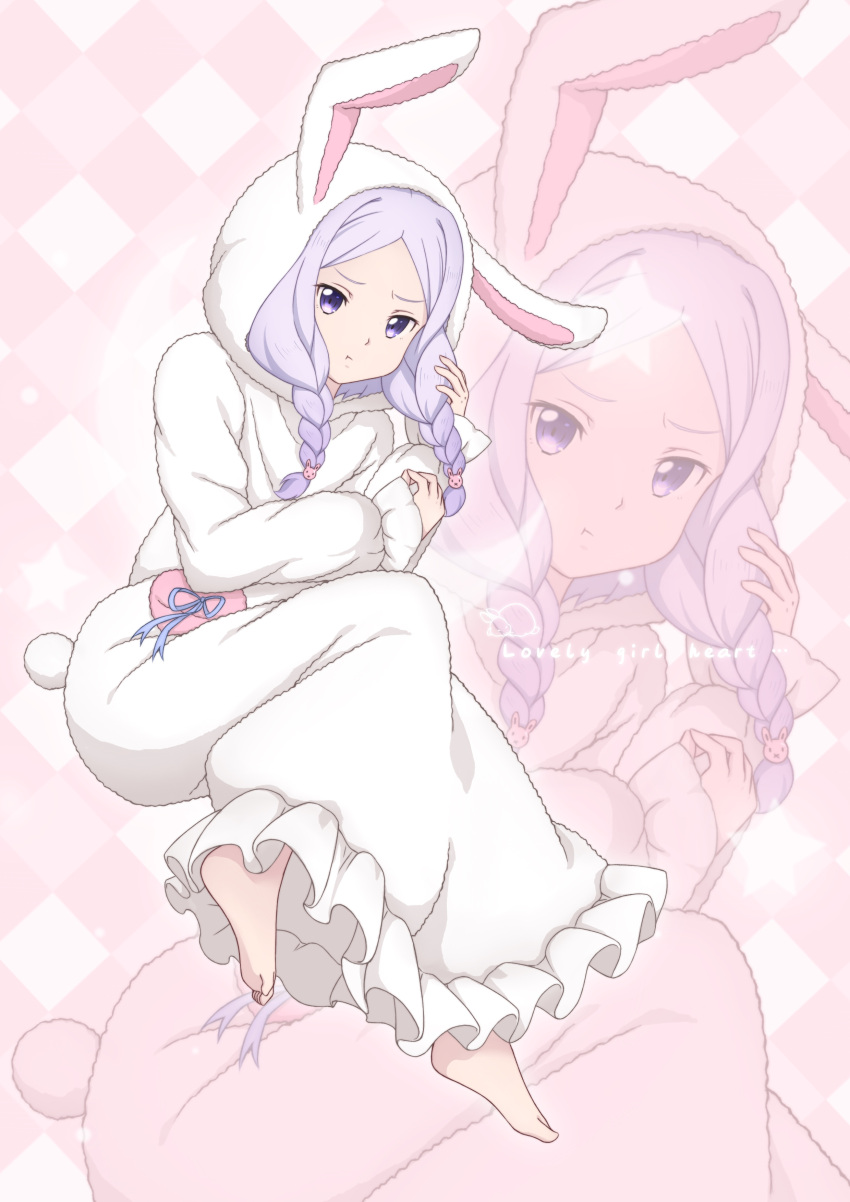 1girl absurdres alternate_costume animal_ears barefoot blue_ribbon braid chinese_commentary commentary_request english_text fake_animal_ears fake_tail full_body grid_background highres long_sleeves looking_at_viewer onesie pajamas peri_(qq2748089832) pink_background playing_with_hair playing_with_own_hair pout purple_hair quinella rabbit rabbit_ears rabbit_pajamas rabbit_tail recurring_image ribbon short_hair_with_long_locks solo star_(symbol) sword_art_online tail twin_braids violet_eyes white_pajamas
