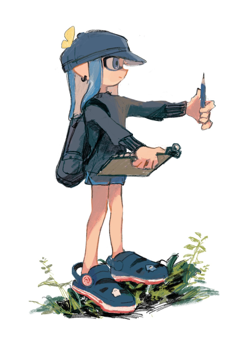 1girl backpack bag black_sweater blue_eyes blue_footwear blue_hat blue_shorts clipboard closed_mouth commentary full_body highres holding holding_clipboard holding_pencil inkling inkling_girl inkling_player_character kaxk_x long_hair pencil pointy_ears sandals short_shorts shorts simple_background solo splatoon_(series) standing sweater symbol-only_commentary tentacle_hair white_background