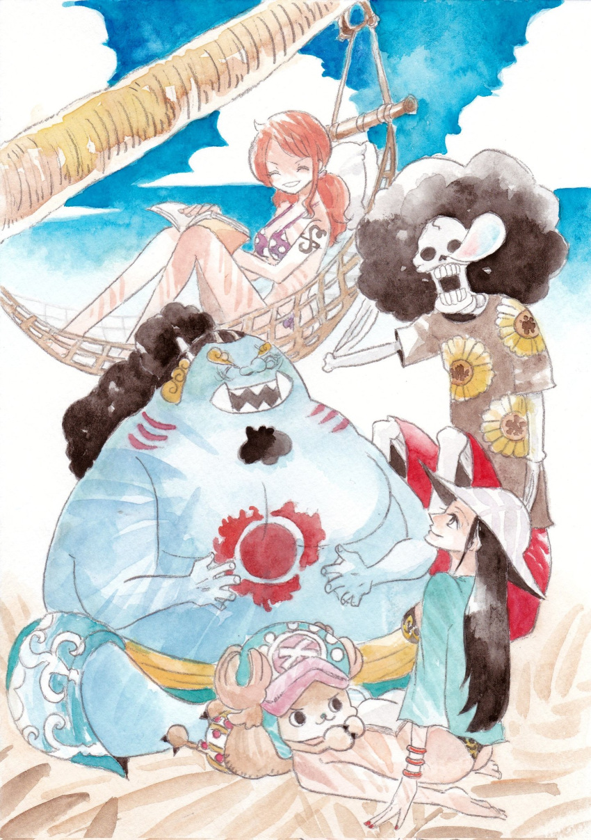 2girls 3boys ^_^ afro antlers arm_tattoo beach bikini black_hair blue_cardigan book book_on_lap brook_(one_piece) cardigan chest_tattoo closed_eyes cross facial_hair fish_boy floral_print goatee hammock hat highres horns jinbe_(one_piece) long_hair multiple_boys multiple_girls nami_(one_piece) nico_robin one_piece painting_(medium) ponytail red_nails red_shorts reindeer_antlers sash shorts sidelocks sitting skeleton sky sleeping smile squeans sunflower_print swimsuit tattoo thick_eyebrows tony_tony_chopper traditional_media tusks twintails watercolor_(medium) yachiy0 yellow_sash