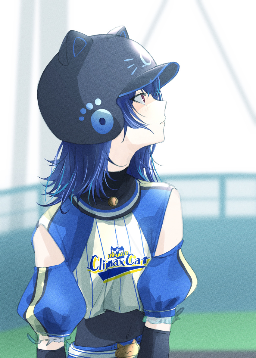 1girl absurdres animal_ears_helmet baseball_helmet baseball_uniform blue_hair blurry blurry_background commentary_request film_grain helmet highres idolmaster idolmaster_shiny_colors long_hair looking_afar looking_to_the_side looking_up morino_rinze o_shiki puffy_short_sleeves puffy_sleeves red_eyes short_sleeves solo sportswear turtleneck upper_body