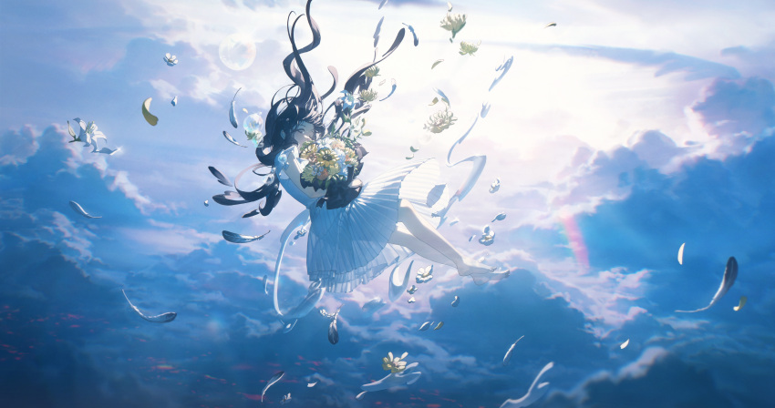 1girl absurdres barefoot black_hair bouquet closed_eyes clouds commentary_request dress english_commentary falling flower highres holding holding_bouquet konya_karasue long_hair mixed-language_commentary original petals pleated_dress sky solo white_dress