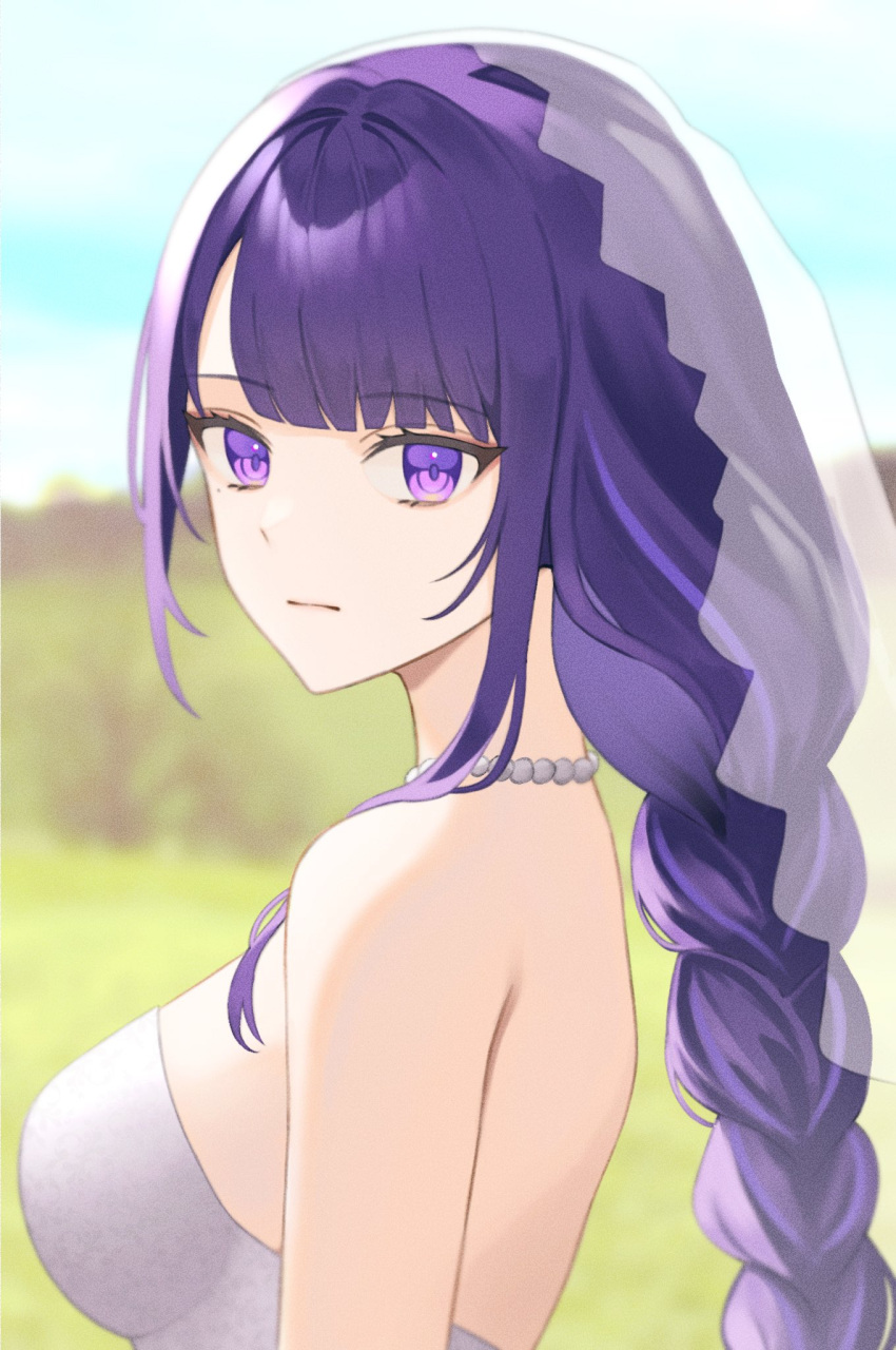 1girl bead_necklace beads braid breasts closed_mouth dress gen_jji genshin_impact hair_ornament highres jewelry long_hair looking_at_viewer necklace purple_hair raiden_shogun very_long_hair violet_eyes white_dress