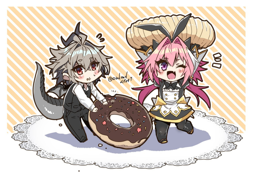 2boys :t animal_ears antenna_hair astolfo_(fate) astolfo_(saber)_(fate) astolfo_(saber)_(third_ascension)_(fate) black_bow black_bowtie black_gloves black_pants black_thighhighs black_vest blush bow bowtie carrying_overhead chibi chocolate_doughnut closed_mouth crossed_bangs crumbs doughnut dragon_tail dragon_wings dress dress_shirt fake_animal_ears fang fate/apocrypha fate/grand_order fate_(series) flying_sweatdrops food food_on_face gloves gold_trim grey_hair hair_between_eyes hair_bow hair_intakes haoro holding holding_food leg_up long_hair male_focus multicolored_hair multiple_boys notice_lines one_eye_closed open_mouth otoko_no_ko pants pink_hair rabbit_ears red_eyes shadow shirt short_hair sieg_(fate) sign skin_fang smile sprinkles streaked_hair striped_background tail thigh-highs twintails two-tone_hair vest violet_eyes white_hair white_shirt wide_sleeves wings