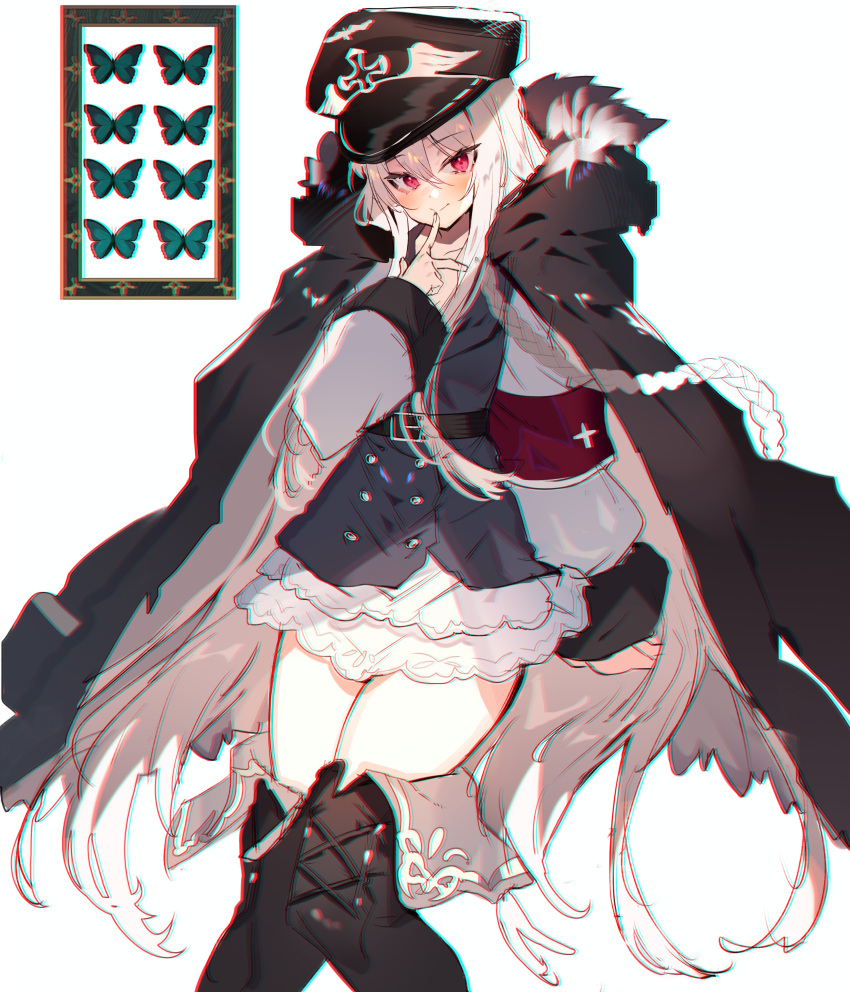 1girl absurdres armband belt black_belt black_footwear boots bug butterfly closed_mouth cross finger_to_mouth fur_trim girls_frontline hat highres iron_cross jacket jacket_on_shoulders kar98k_(girls'_frontline) long_hair looking_at_viewer military_hat nazi picture_frame red_armband red_eyes sidelocks simple_background sitting solo soukou_makura thigh_boots very_long_hair white_background white_hair