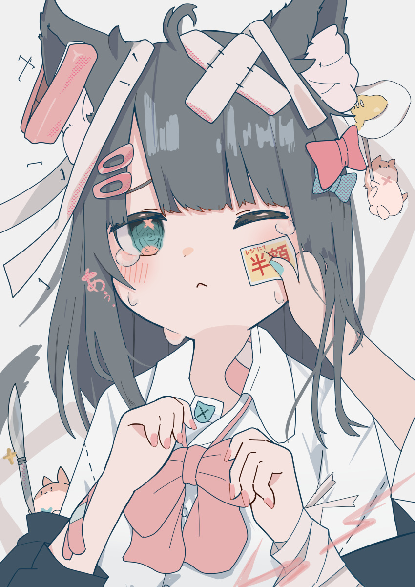1girl :&lt; absurdres animal_ears bandages bandaid bandaid_on_head black_hair blush bow bowtie cat cat_ears collared_shirt crossed_bandaids hair_ornament hairclip highres one_eye_closed oreoreoreo original pink_bow red_bow shirt tail tearing_up tears upper_body white_shirt