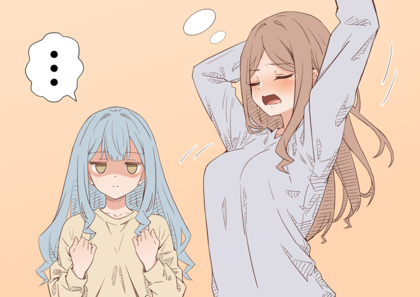 ... 2girls bang_dream! bang_dream!_it's_mygo!!!!! blue_hair breast_envy breasts brown_hair chinese_commentary closed_eyes closed_mouth commentary_request grey_shirt large_breasts long_hair long_sleeves multiple_girls nagasaki_soyo open_mouth shaded_face shirt spoken_ellipsis tearing_up tears togawa_sakiko upper_body yawning yellow_eyes yellow_shirt yghm