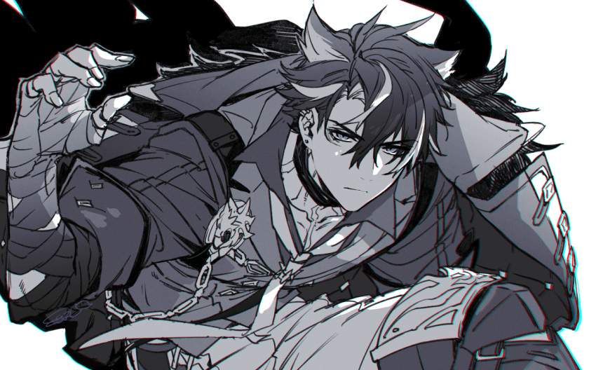 1boy bandaged_arm bandaged_neck bandages black_hair chain closed_mouth coat coat_on_shoulders collarbone collared_shirt fur-trimmed_coat fur_trim genshin_impact greyscale hand_up leaning_forward light_frown male_focus monochrome parted_bangs scar shirt short_hair sleeves_rolled_up solo toriyoshi upper_body wriothesley_(genshin_impact)