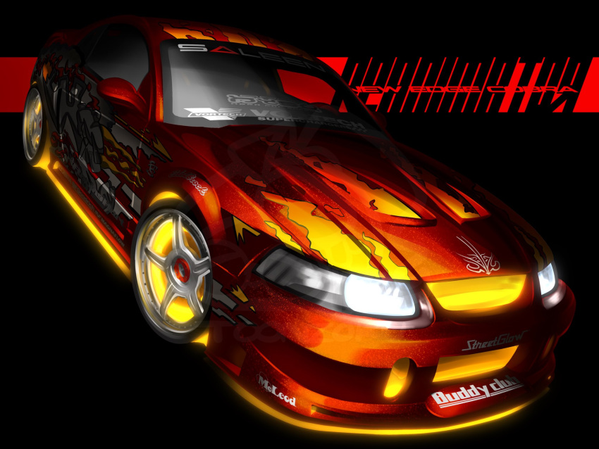 car ford ford_mustang ford_mustang_sn95 glowing highres motor_vehicle no_humans original red_car saleen sports_car toonzoku vehicle_focus
