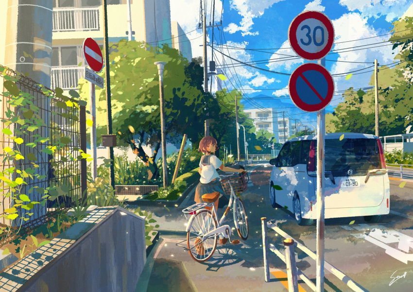 1girl atelier_umiyury bag bicycle bicycle_basket blue_sailor_collar blue_sky brown_hair building car clouds commentary day fence highres motor_vehicle original outdoors plant pleated_skirt power_lines pushing_bicycle road road_sign sailor_collar scenery school_uniform serafuku shirt short_sleeves sign signature skirt sky solo stop_sign street tree utility_pole white_shirt wind