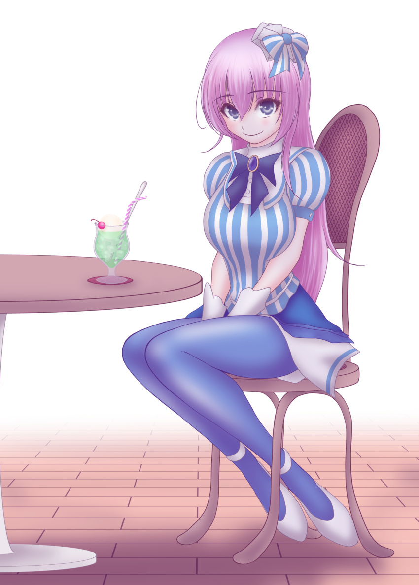 1girl blue_bow blue_brooch blue_dress blue_eyes blue_pantyhose bow chair cherry dress drinking_straw food fraulein_(module) fruit full_body gloves highres ice_cream megurine_luka melon_soda pantyhose pink_hair project_diva_(series) puffy_short_sleeves puffy_sleeves ryokushiryoku short_sleeves sitting smile solo striped_bow striped_clothes striped_dress table vertical-striped_bow vertical-striped_clothes vertical-striped_dress vocaloid white_footwear white_gloves