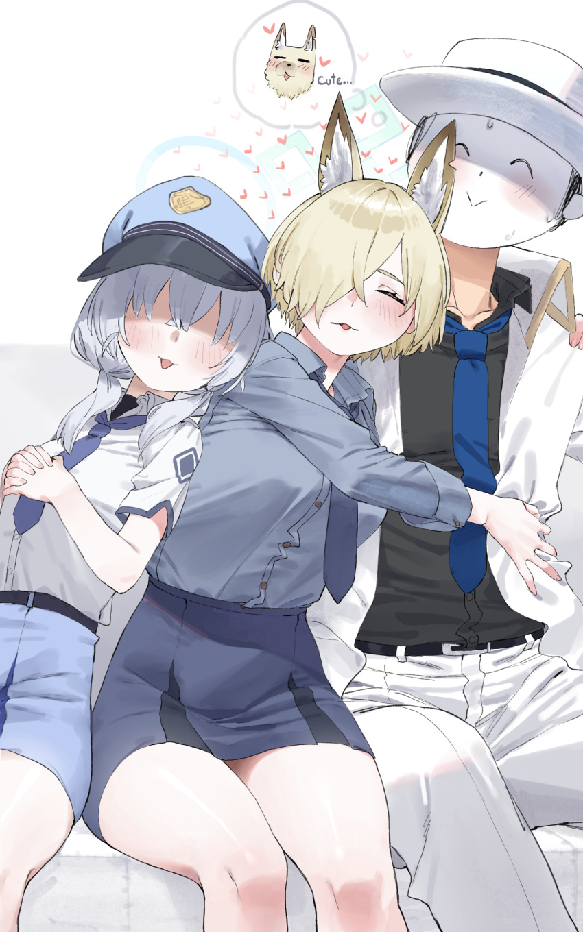 1boy 2girls :p alternate_hairstyle animal_ears black_necktie blonde_hair blue_archive blue_necktie blush breasts closed_eyes collared_shirt dog doodle_sensei_(blue_archive) grey_hair hair_over_one_eye hand_on_another's_shoulder happy hat head_on_another's_shoulder heart hetero highres hug kanna_(blue_archive) large_breasts leaning_on_person leaning_to_the_side long_sleeves lonklink multiple_girls necktie peaked_cap police police_uniform sensei_(blue_archive) shirt short_hair short_sleeves simple_background sitting smile tongue tongue_out uniform valkyrie_police_academy_student_(blue_archive) white_background white_shirt