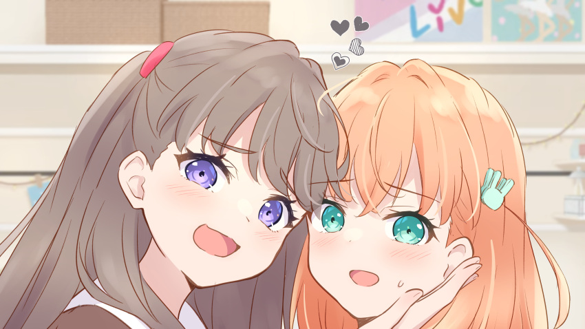 2girls :d absurdres aqua_eyes blurry blurry_background blush brown_hair crossed_bangs fujishima_megumi hair_ornament hand_on_another's_cheek hand_on_another's_face hasu_no_sora_school_uniform heart highres hinoshita_kaho in-universe_location link!_like!_love_live! long_hair looking_at_viewer love_live! medium_hair multiple_girls open_mouth orange_hair rabbit_hair_ornament sailor_collar school_uniform smile smug two_side_up violet_eyes virtual_youtuber white_sailor_collar winter_uniform yutuki_ame