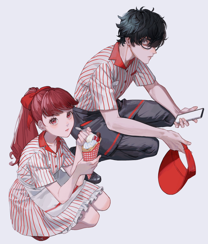 1boy 1girl alternate_costume amamiya_ren apron black-framed_eyewear black_apron black_eyes black_hair black_pants closed_mouth food glasses hair_ribbon highres holding holding_food holding_spoon long_hair looking_at_viewer pants persona persona_5 persona_5_the_royal ponytail profile red_eyes red_ribbon redhead ribbon sageo_yn short_hair short_sleeves simple_background spoon squatting waist_apron white_apron white_background yoshizawa_kasumi