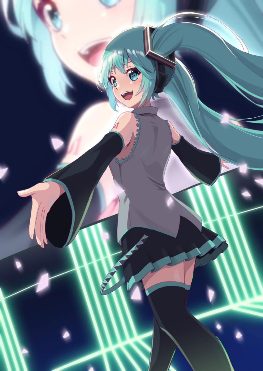 1girl :d bare_shoulders black_skirt black_thighhighs blush bright_pupils commentary detached_sleeves eyebrows_hidden_by_hair feet_out_of_frame floating_hair foreshortening from_behind green_eyes green_hair grey_shirt hair_between_eyes happy hatsune_miku highres light_particles long_hair long_sleeves looking_at_viewer looking_back miku_day miniskirt open_mouth outstretched_arms pleated_skirt shirt skirt sleeveless sleeveless_shirt smile solo standing teeth thigh-highs twintails upper_teeth_only very_long_hair vocaloid wide_sleeves yasuba_yuichi zettai_ryouiki