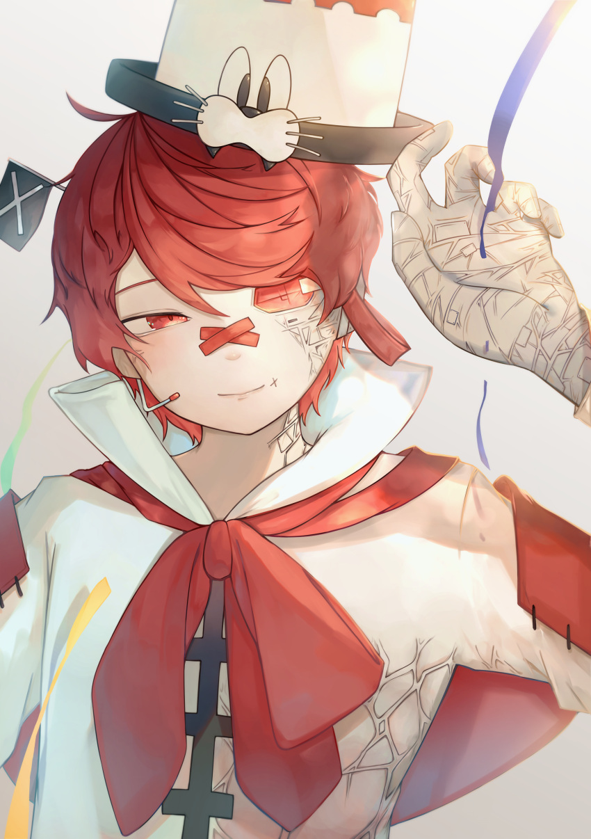 1boy absurdres asymmetrical_clothes asymmetrical_coat bandaged_hand bandages bandaid bandaid_on_face closed_mouth coat colored_eyepatch eyepatch fukase gradient_background headpiece highres j_inu_gami looking_at_viewer male_focus pale_skin red_eyes redhead smile solo streamers swept_bangs vocaloid white_coat
