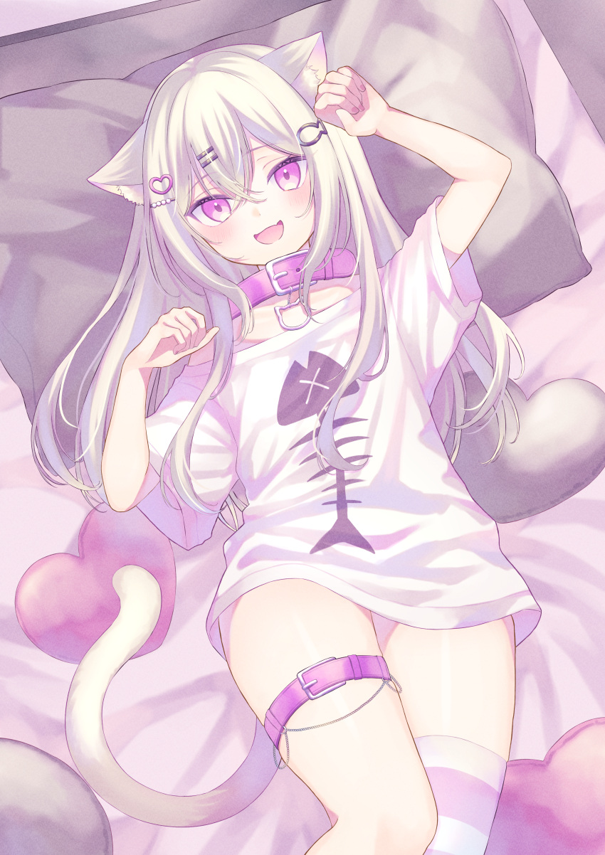 1girl :d absurdres animal_ear_fluff animal_ears cat_ears cat_girl cat_tail erunoto fang fish_bone_print highres indie_virtual_youtuber long_hair looking_at_viewer lying mitarai_komoru no_pants off_shoulder on_back on_bed open_mouth paw_pose pillow pink_eyes pink_thighhighs shirt single_thighhigh skin_fang smile striped_clothes striped_thighhighs tail thigh-highs virtual_youtuber white_shirt white_thighhighs