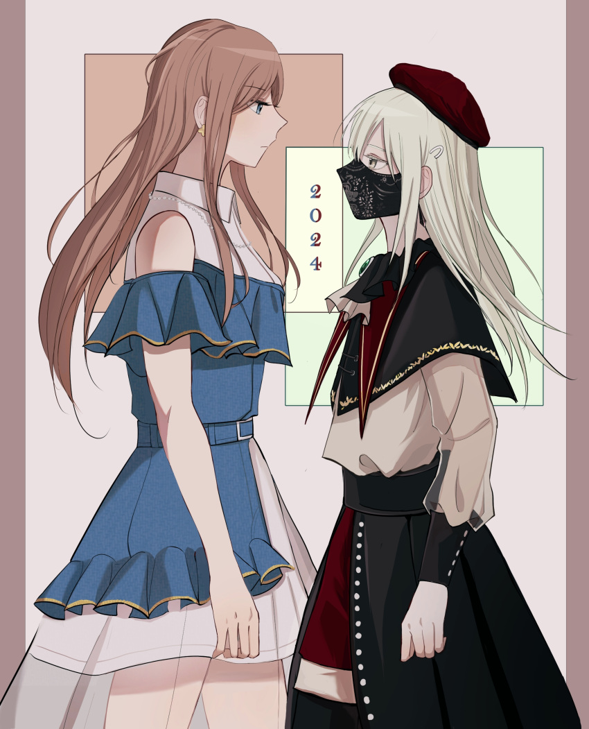2024 2girls absurdres bang_dream! bang_dream!_it's_mygo!!!!! black_capelet black_hat black_mask black_skirt blonde_hair blue_dress brown_hair capelet clothing_cutout collared_dress commentary_request cowboy_shot crimiko dress earrings from_side green_hair hair_ornament hairclip hat highres jewelry long_hair long_sleeves looking_at_another mask mouth_mask multiple_girls nagasaki_soyo necklace pink_background profile see-through see-through_skirt see-through_sleeves shirt shoulder_cutout skirt wakaba_mutsumi white_shirt