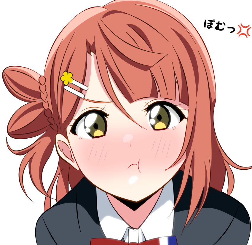 1girl :t absurdres anger_vein black_jacket blush collared_shirt commentary_request hair_ornament hairclip highres jacket looking_at_viewer love_live! love_live!_nijigasaki_high_school_idol_club medium_hair neck_ribbon nijigasaki_academy_school_uniform portrait pout red_ribbon redhead ribbon school_uniform shinonome_sakura shirt single_sidelock solo translation_request uehara_ayumu upper_body v-shaped_eyebrows white_background white_shirt winter_uniform yellow_eyes