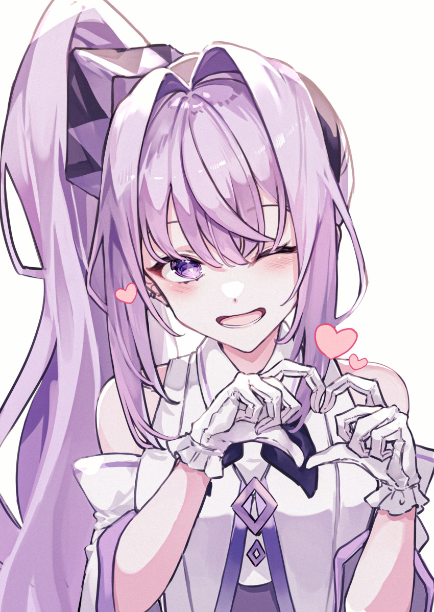 1girl :d absurdres ai-chan_(arcaea) arcaea black_neckerchief blush collared_shirt detached_sleeves diamond-shaped_pupils diamond_(shape) gloves hair_between_eyes hair_intakes heart heart_hands high_side_ponytail highres long_hair long_sleeves looking_at_viewer lower_teeth_only miyu_(miy_u1308) neckerchief one_eye_closed open_mouth purple_hair shirt sidelocks simple_background sleeveless sleeveless_shirt smile solo symbol-shaped_pupils teeth upper_body violet_eyes white_background white_gloves white_shirt white_sleeves
