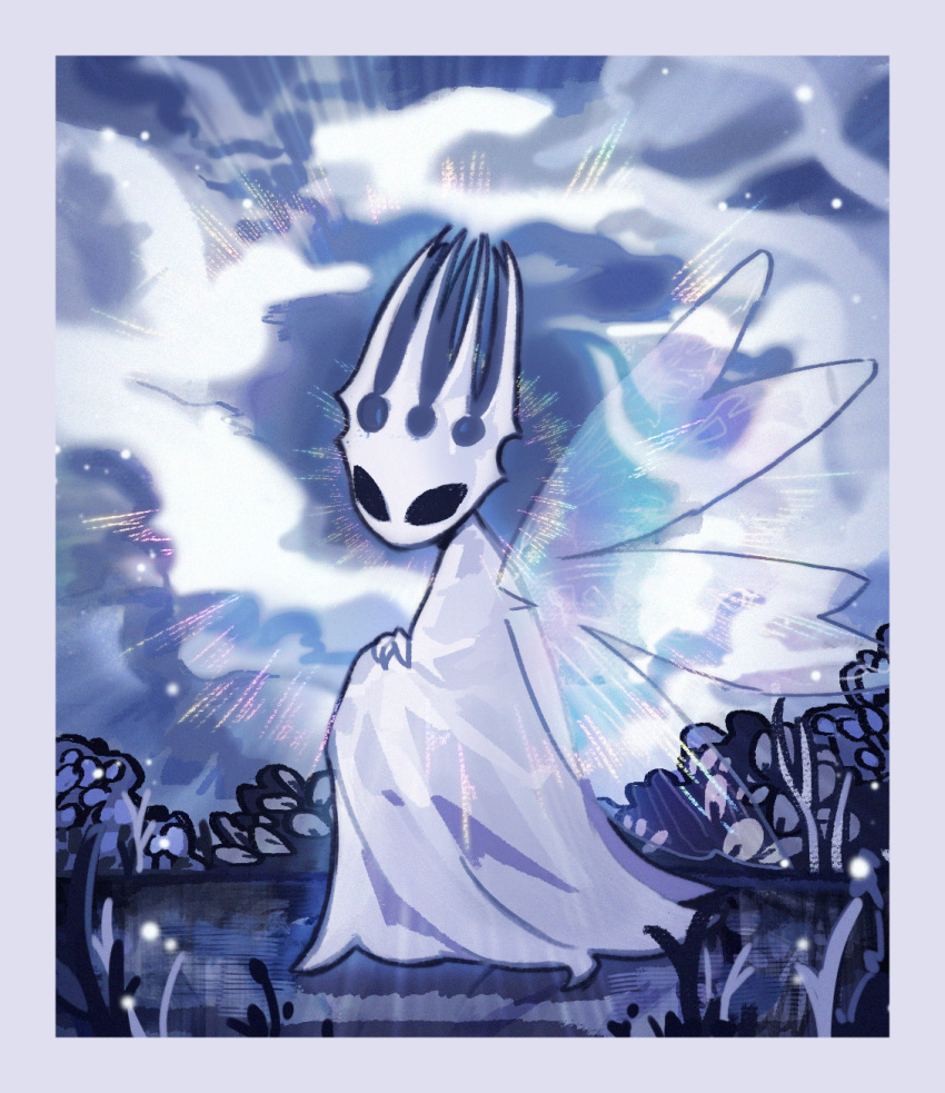 1other cloak clouds crown ded-lime highres hollow_eyes hollow_knight horns pale_king_(hollow_knight) plant robe solo sparkle sparkle_background white_cloak white_robe wings