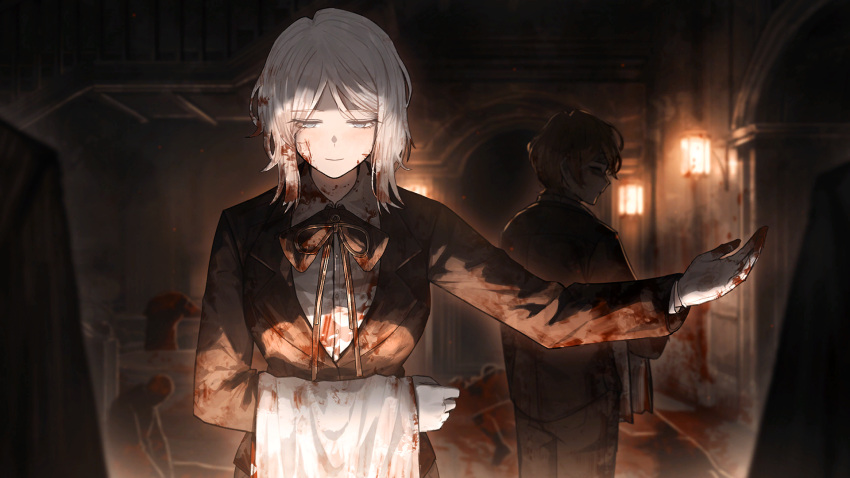 1boy 1girl 6+others blood blood_on_clothes blood_on_face blood_on_hands blue_eyes brown_jacket collared_shirt faust_(project_moon) game_cg gloves half-closed_eyes highres jacket lantern limbus_company looking_back medium_hair multiple_others nai_ga neck_ribbon official_art project_moon ribbon shirt sinclair_(project_moon) solo_focus towel white_gloves white_hair white_shirt