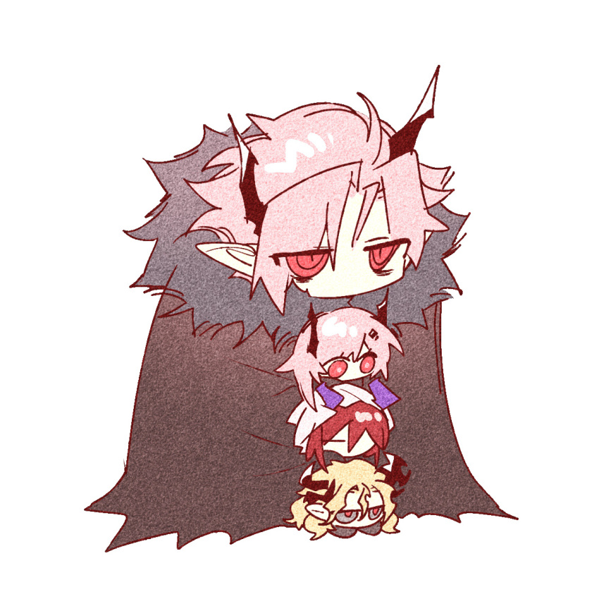 2boys 2girls arknights ascalon_(arknights) asymmetrical_horns black_cape black_horns blonde_hair cape chibi chinese_commentary commentary_request fur-trimmed_cape fur_trim grey_eyes highres hood hood_up horns jitome ling_s long_hair manfred_(arknights) multiple_boys multiple_girls pink_hair pointy_ears purple_horns red_eyes red_pupils redhead short_hair simple_background theresa_(arknights) theresis_(arknights) white_background