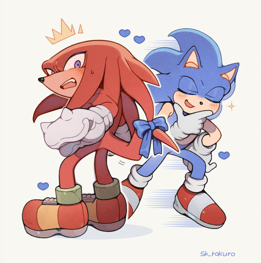 2boys animal_ears artist_name blue_bow blue_fur bow furry furry_male gloves heart highres knuckles_the_echidna multiple_boys open_mouth red_footwear red_fur shoes simple_background sk_rokuro sonic_(series) sonic_the_hedgehog tail tail_bow tail_ornament teeth two-tone_footwear upper_teeth_only violet_eyes white_background white_footwear white_gloves yellow_footwear