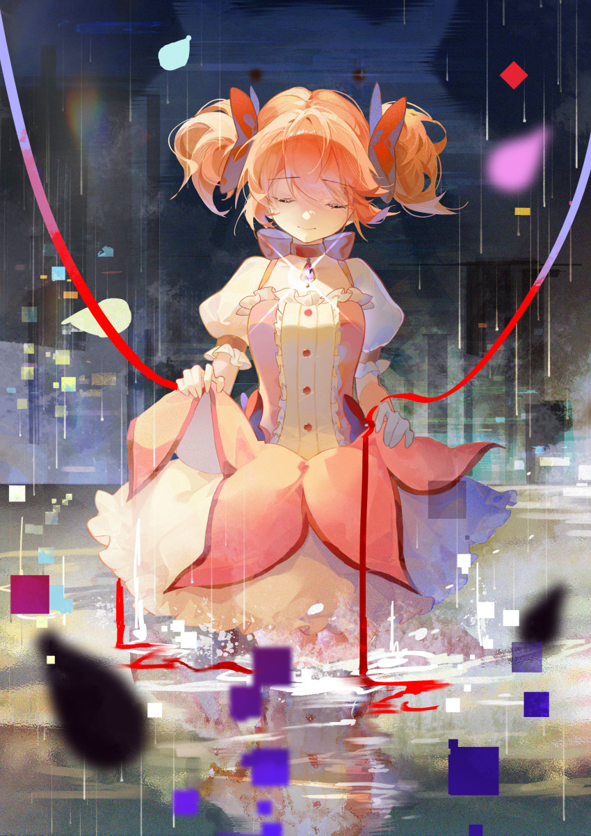 1girl abstract_background absurdres bow bow_choker bubble_skirt chinese_commentary choker closed_eyes commentary_request cowboy_shot do_dousha_bao dress facing_viewer frilled_dress frilled_skirt frilled_sleeves frills glint gloves hair_bow highres kaname_madoka kaname_madoka_(magical_girl) kyubey magical_girl mahou_shoujo_madoka_magica mahou_shoujo_madoka_magica_(anime) pink_dress pink_hair puffy_short_sleeves puffy_sleeves red_choker short_hair short_sleeves short_twintails skirt skirt_hold smile solo twintails wading water white_gloves white_skirt