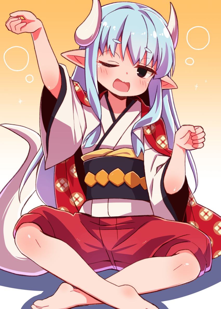 1girl arm_up barefoot black_eyes black_sash blue_hair bubble commentary_request crossed_legs dragon_girl dragon_horns dragon_tail full_body gradient_background hands_up haori highres horns indian_style japanese_clothes kimono light_blush long_sleeves obi one_eye_closed open_mouth original pointy_ears red_shorts sash shadow shorts simple_background sitting solo star_(symbol) tail white_kimono white_tail wide_sleeves yawning yukinagi
