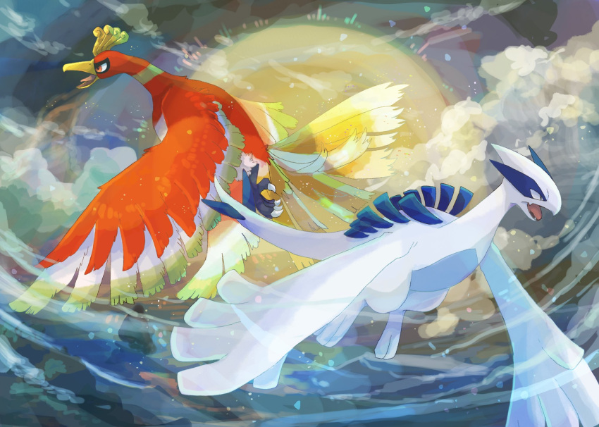 animal_focus black_eyes bright_pupils clouds fang flying full_moon highres ho-oh lugia moon no_humans open_mouth orange_eyes outdoors pokemon pokemon_(creature) talons tongue volpecorvo white_pupils