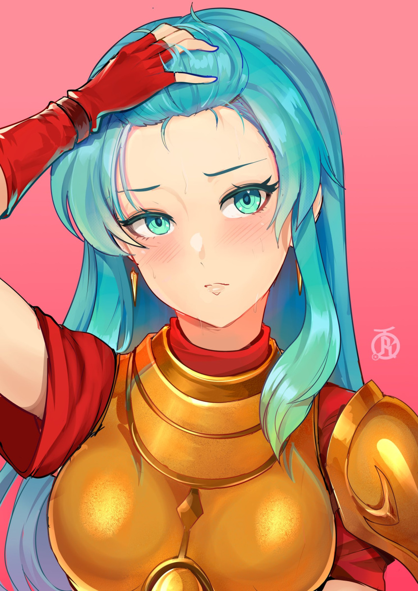 1girl aqua_eyes aqua_hair armor bangs_pinned_back breastplate closed_mouth earrings eirika_(fire_emblem) english_commentary fingerless_gloves fire_emblem fire_emblem:_the_sacred_stones forehead gloves hair_between_eyes highres jewelry long_hair looking_to_the_side red_background red_gloves red_shirt revolverwing shirt short_sleeves shoulder_armor sidelocks solo sweat