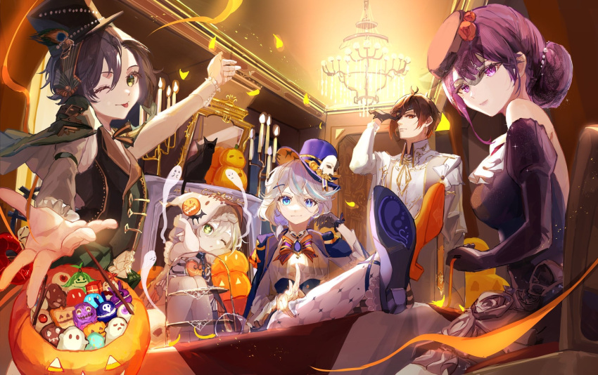 2boys 3girls ;p alternate_costume alternate_hairstyle arm_up black_hair blouse blue_eyes blue_hair brown_hair cape capelet cat ceiling ceiling_light chair closed_mouth cross-shaped_pupils crossed_legs dress drop-shaped_pupils elbow_gloves eyepatch fisheye furina_(genshin_impact) fusyo_fuka genshin_impact ghost gloves green_eyes green_hair grey_hair hair_between_eyes halloween halloween_costume hat heterochromia highres holding hood hood_up hooded_cape indoors jack-o'-lantern jacket jacket_on_shoulders lips long_sleeves looking_at_viewer mismatched_pupils multicolored_hair multiple_boys multiple_girls nahida_(genshin_impact) on_chair one_eye_closed one_eye_covered outstretched_arms outstretched_legs parted_lips purple_hair raiden_shogun shirt shoe_soles shoes short_hair sitting smile standing strapless strapless_dress symbol-shaped_pupils table tongue tongue_out top_hat two-tone_hair venti_(genshin_impact) violet_eyes zhongli_(genshin_impact)