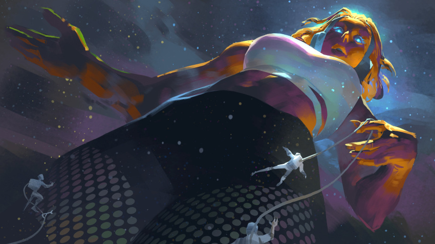 1girl absurdres astronaut black_pants blue_eyes from_below giant giantess glowing glowing_eyes highres jeremy_anninos looking_down midriff original pants people solo_focus space spacesuit sports_bra star_(sky) white_sports_bra