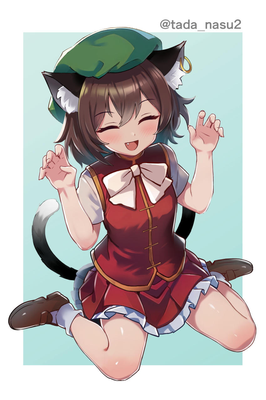 1girl :d animal_ear_fluff animal_ear_piercing animal_ears bow bowtie breasts brown_hair cat_ears cat_tail chen closed_eyes commentary_request earrings fang frills full_body gold_trim green_headwear hands_up happy hat highres jewelry looking_at_viewer mob_cap multiple_tails nekomata open_mouth petticoat red_skirt red_vest short_hair short_sleeves single_earring sitting skirt skirt_set small_breasts smile solo tada_no_nasu tail touhou two_tails vest wariza white_bow white_bowtie