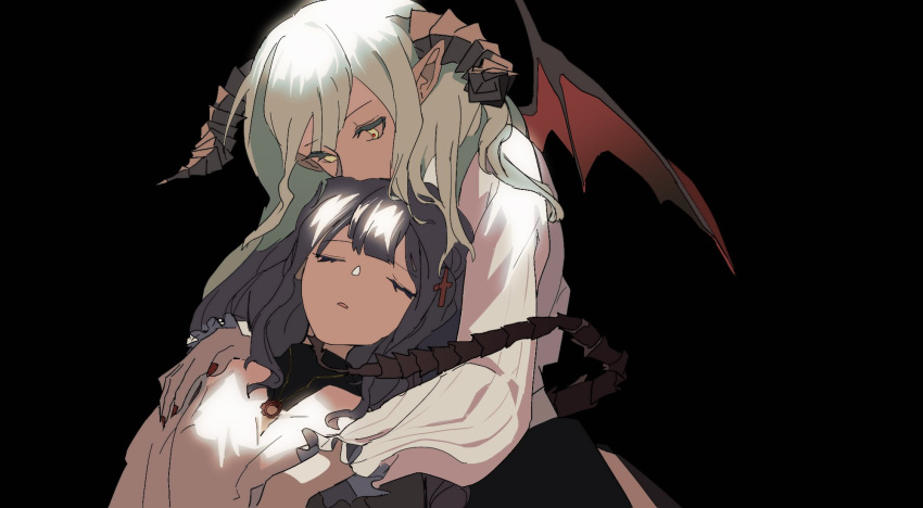 2girls bang_dream! bang_dream!_it's_mygo!!!!! black_background blue_hair closed_eyes commentary cross_hair_ornament demon_tail demon_wings green_hair hair_ornament hand_on_another's_shoulder hashtag-only_commentary highres horns kissing_hair long_hair long_sleeves multiple_girls parted_lips pointy_ears red_pupils shirt sigangsan simple_background sleeping tail togawa_sakiko upper_body wakaba_mutsumi white_shirt winged_arms wings yellow_eyes yuri