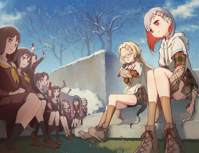 6+girls :d :o ^_^ antenna_hair aqua_neckerchief audience bare_tree biwako_(love_live!) black_hair black_shorts blonde_hair blue_sky bob_cut brown_dress brown_footwear brown_hair brown_shirt brown_socks check_commentary closed_eyes closed_mouth clouds collared_shirt colored_inner_hair colorfulness_(love_live!) commentary_request diagonal_bangs drawstring dress earclip ena_(love_live!) glowstick gradient_hair grey_hair hair_down hair_ornament hairclip hand_on_own_chest hasu_no_sora_school_uniform highres holding holding_glowstick holding_microphone hood hoodie hugging_own_legs inverted_bob laorenxing layered_sleeves light_brown_hair link!_like!_love_live! long_hair long_sleeves looking_at_another love_live! medium_dress medium_hair microphone multicolored_hair multiple_girls neckerchief official_alternate_costume official_alternate_hairstyle open_mouth osawa_rurino penlight_(glowstick) ponytail red_eyes red_neckerchief redhead sailor_collar sailor_dress school_uniform shiina_(love_live!) shirt short_hair short_over_long_sleeves short_shorts short_sleeves shorts sitting sky smile snow socks split_mouth streaked_hair too_many_hairclips tree virtual_youtuber white_hoodie white_sailor_collar winter_uniform x_hair_ornament yellow_neckerchief yugiri_tsuzuri