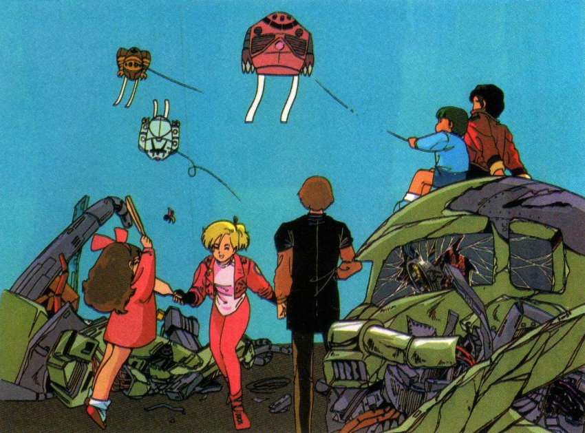 1980s_(style) 2girls 3boys age_difference artist_request blonde_hair blue_sky broken_glass brown_hair cable character_request child damaged debris dress english_commentary glass gogg good_end gundam gundam_zz jacket judau_ashta key_visual kite kite_flying long_hair machinery magazine_scan mecha mobile_suit mobile_suit_gundam multiple_boys multiple_girls official_art out_(magazine) promotional_art retro_artstyle robot ruins scan science_fiction sitting size_difference sky traditional_media wreckage z'gok_char_custom zaku_ii zeon zock
