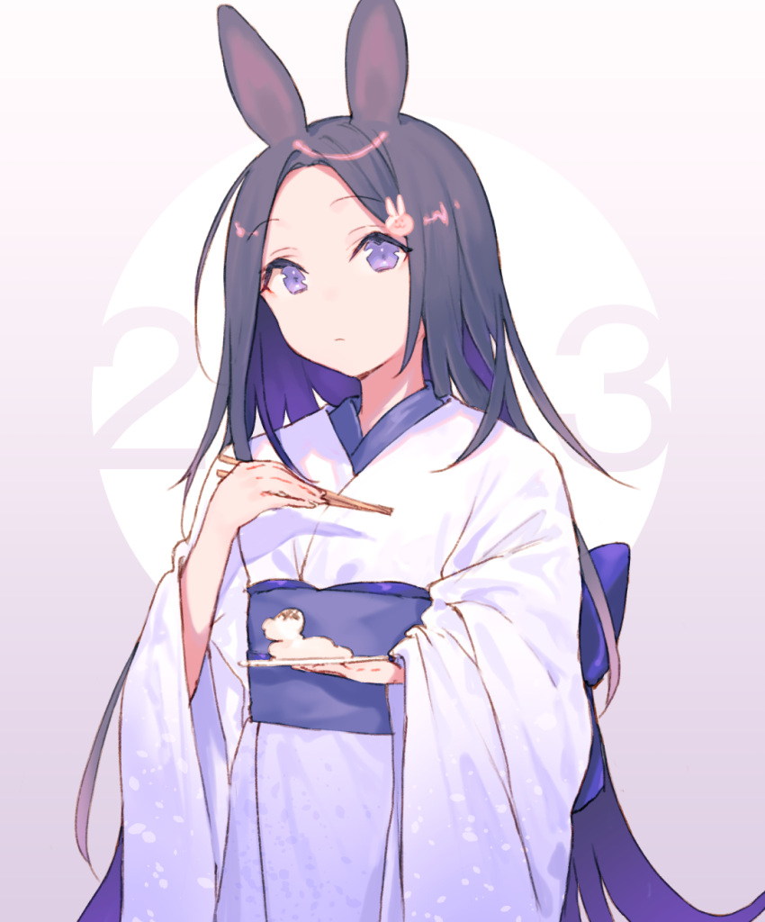 1girl 2023 animal_ears bad_id bad_pixiv_id black_hair blue_sash chinese_zodiac chopsticks closed_mouth expressionless fifuth food forehead gradient_background hair_ornament highres holding holding_chopsticks holding_plate japanese_clothes kimono long_hair long_sleeves looking_at_viewer obi original parted_bangs pink_background plate purple_hair rabbit_ears rabbit_hair_ornament sash simple_background solo very_long_hair violet_eyes white_background white_kimono wide_sleeves