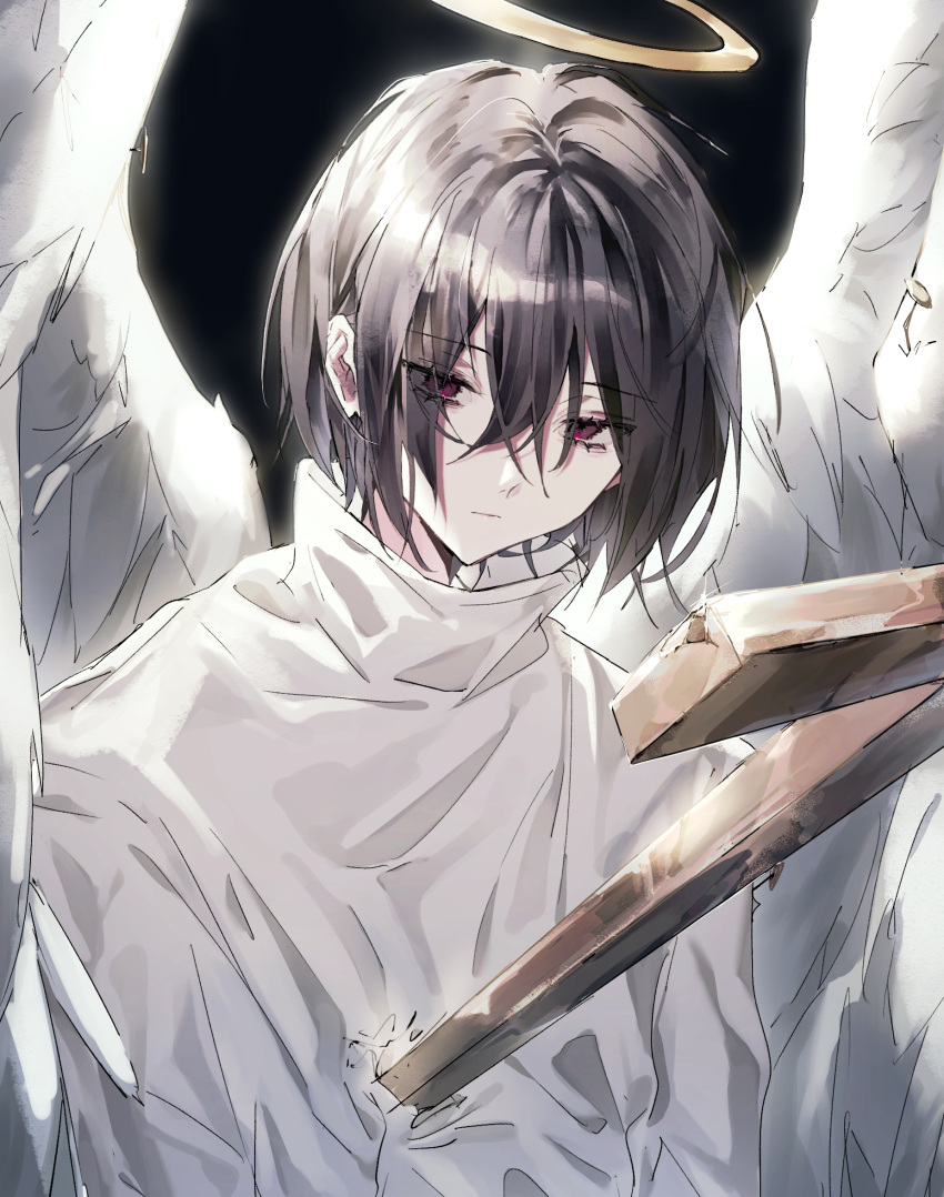 1boy angel angel_wings bishounen black_background black_hair bungou_stray_dogs cross expressionless eyelashes feathered_wings hair_between_eyes halo highres looking_at_object male_focus pale_skin red_eyes robe short_hair solo upper_body user_yyfa8835 white_robe wings yellow_halo