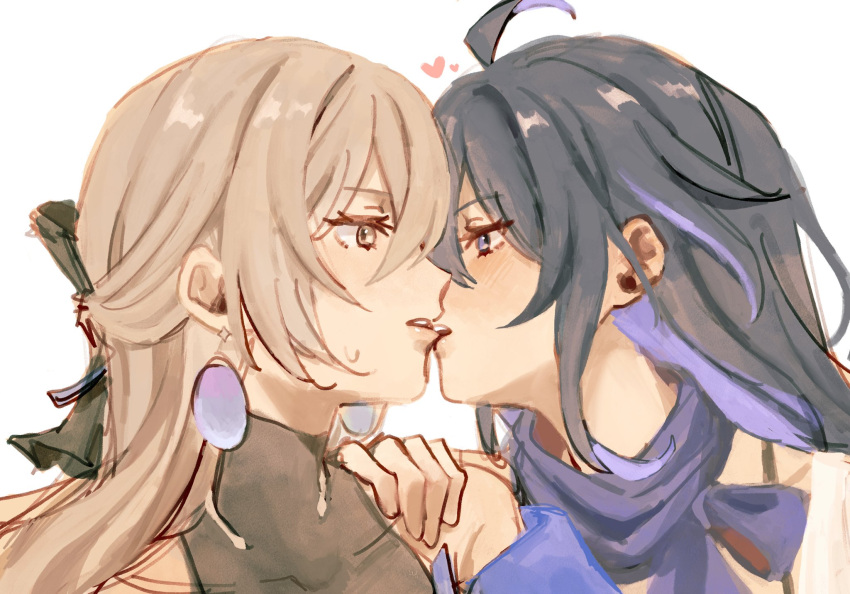 2girls ahoge biting biting_another's_lip black_hair black_shirt bronya_rand commentary_request earrings elan_ouo grey_eyes grey_hair hand_on_another's_shoulder heart highres honkai:_star_rail honkai_(series) jewelry kiss long_hair multicolored_hair multiple_girls parted_lips purple_hair seele_(honkai:_star_rail) shirt simple_background sleeveless sleeveless_shirt streaked_hair turtleneck turtleneck_shirt upper_body violet_eyes white_background yuri