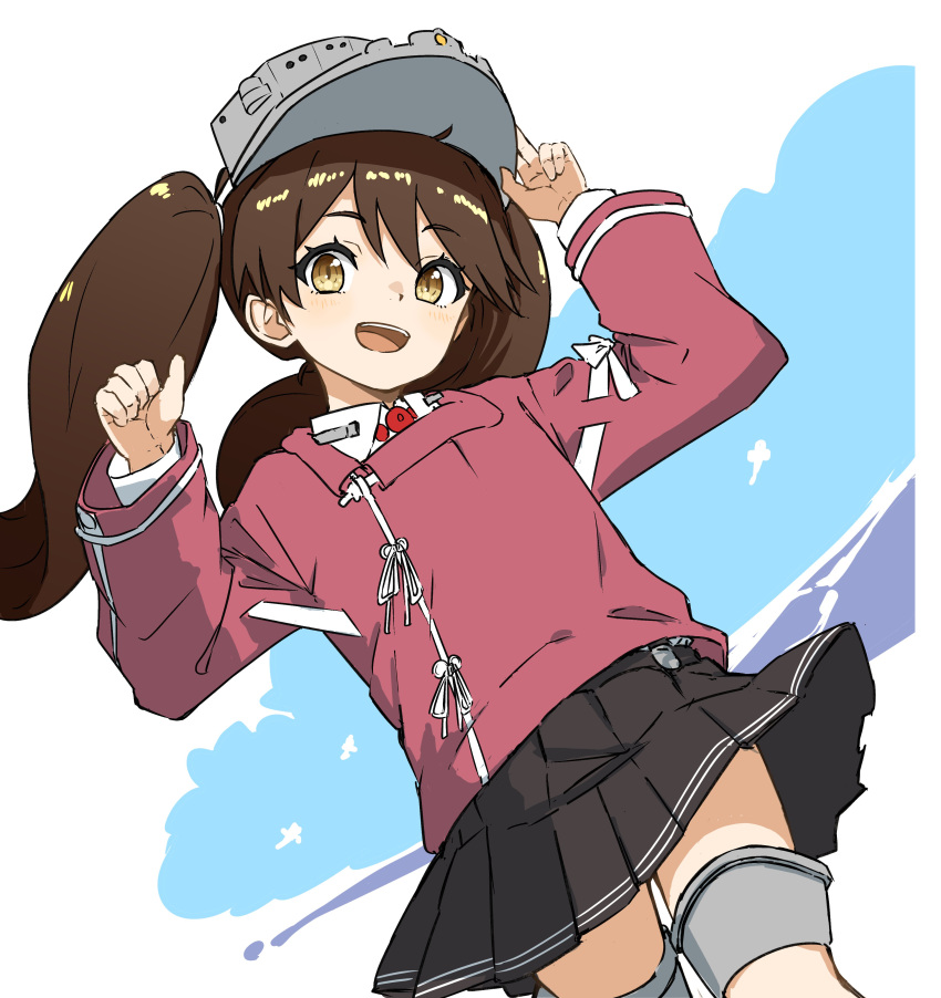 1girl absurdres bigkwl black_skirt blush brown_eyes brown_hair hair_between_eyes highres japanese_clothes kantai_collection kariginu long_hair long_sleeves looking_at_viewer magatama one-hour_drawing_challenge open_mouth pleated_skirt ryuujou_(kancolle) simple_background skirt solo twintails visor_cap