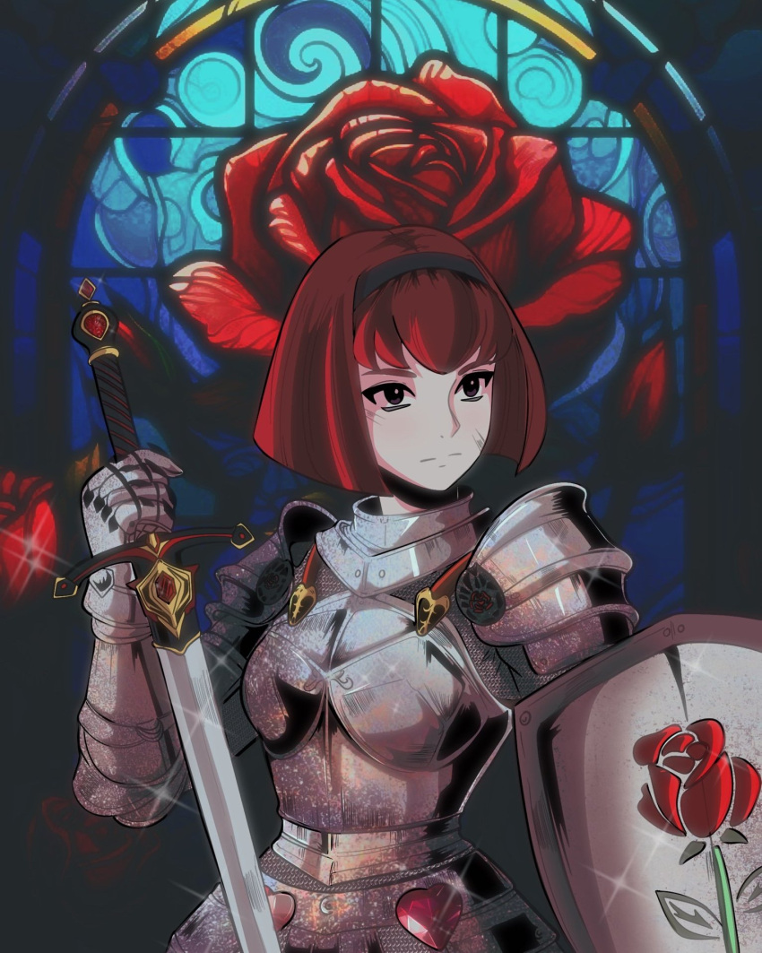 1girl alternate_costume armor armored_dress black_hairband bob_cut breastplate cape closed_mouth cowboy_shot english_commentary flower gauntlets gloves hair_ornament hairband highres holding holding_sword holding_weapon knight megadeus_mommy pauldrons r_dorothy_wayneright redhead rose shield short_hair shoulder_armor solo stained_glass sword the_big_o upper_body weapon