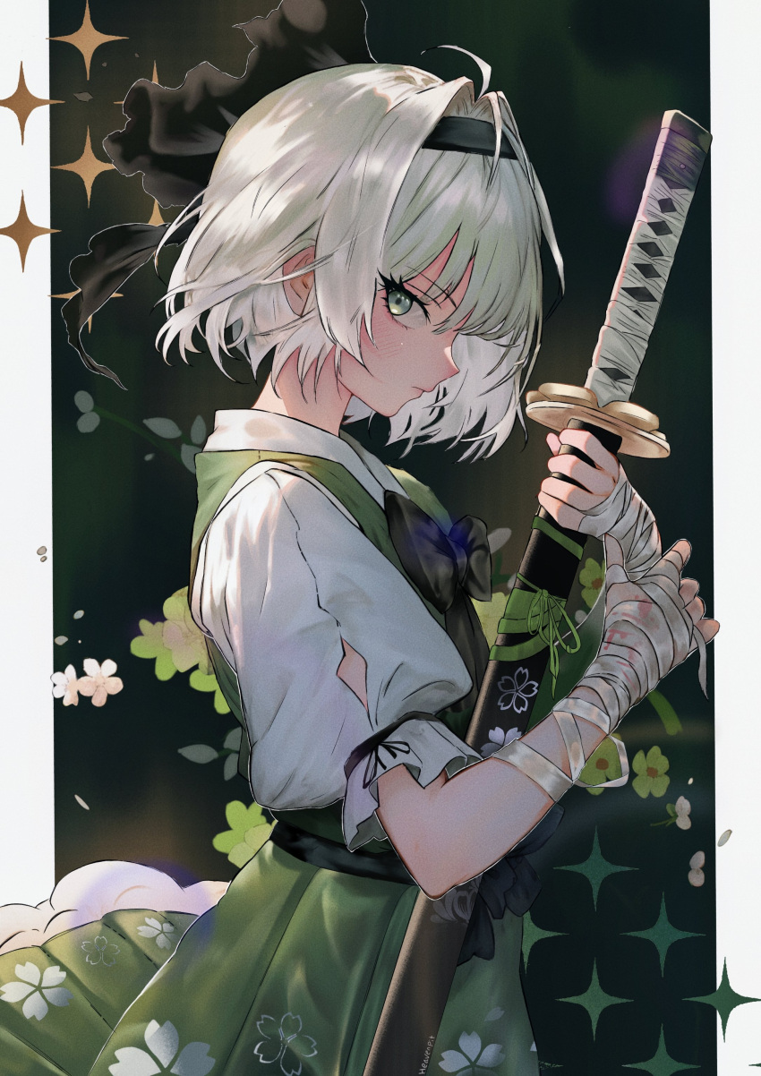 1girl absurdres bandaged_arm bandages border commentary floral_print from_side green_background green_eyes green_flower green_jacket green_skirt highres jacket konpaku_youmu looking_at_viewer shirt skirt solo sparkle theheavenpit touhou white_border white_hair white_shirt